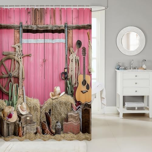 Pink Farmhouse Shower Curtain Set with Hooks