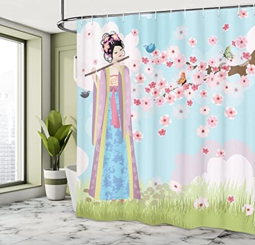 Oriental Music Shower Curtain Cherry Blossoms Butterflies Ambesonne
