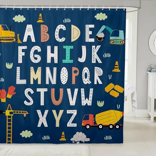 Cartoon Alphabet Truck Excavator Shower Curtain Set for Kids