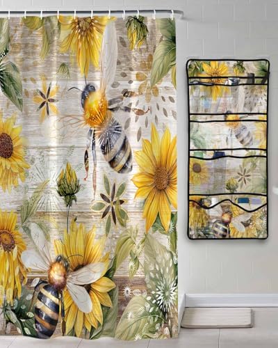 Bee Floral shower curtain set with caddy waterproof 60x72-inch farmhouse design