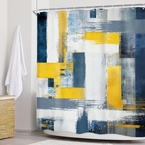 Newsely Abstract Geometric Shower Curtain Modern Design with Navy Blue and Yellow
