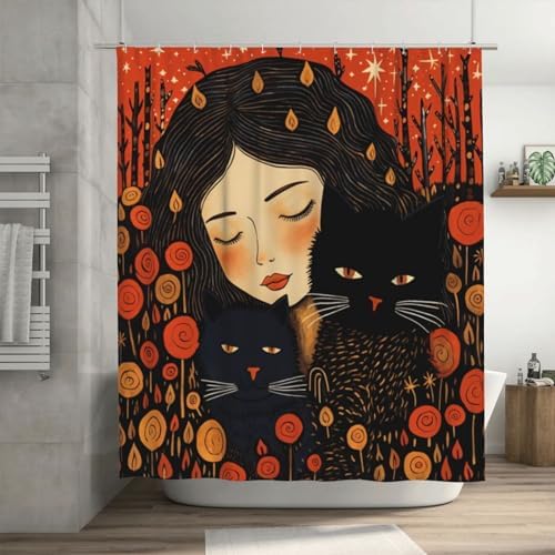 Striped Bath Shower Curtain Boho Design Red Flower Forest Starry Sky Set