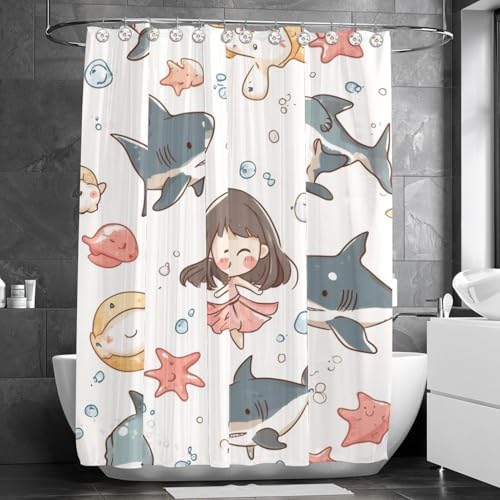 Cartoon Shark Starfish Print Washable 10-Piece Polygonal Planes Shower Curtain 66x72 in