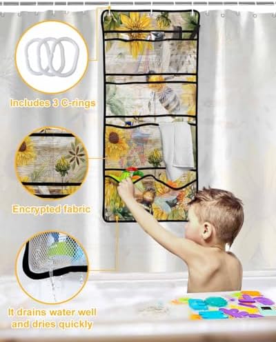 Bee Floral shower curtain set with caddy waterproof 60x72-inch farmhouse design