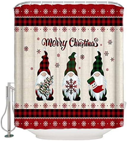 Merry Christmas Gnome Snowflake Shower Curtain Red Black Buffalo Plaid