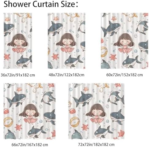 Cartoon Shark Starfish Print Washable 10-Piece Polygonal Planes Shower Curtain 66x72 in
