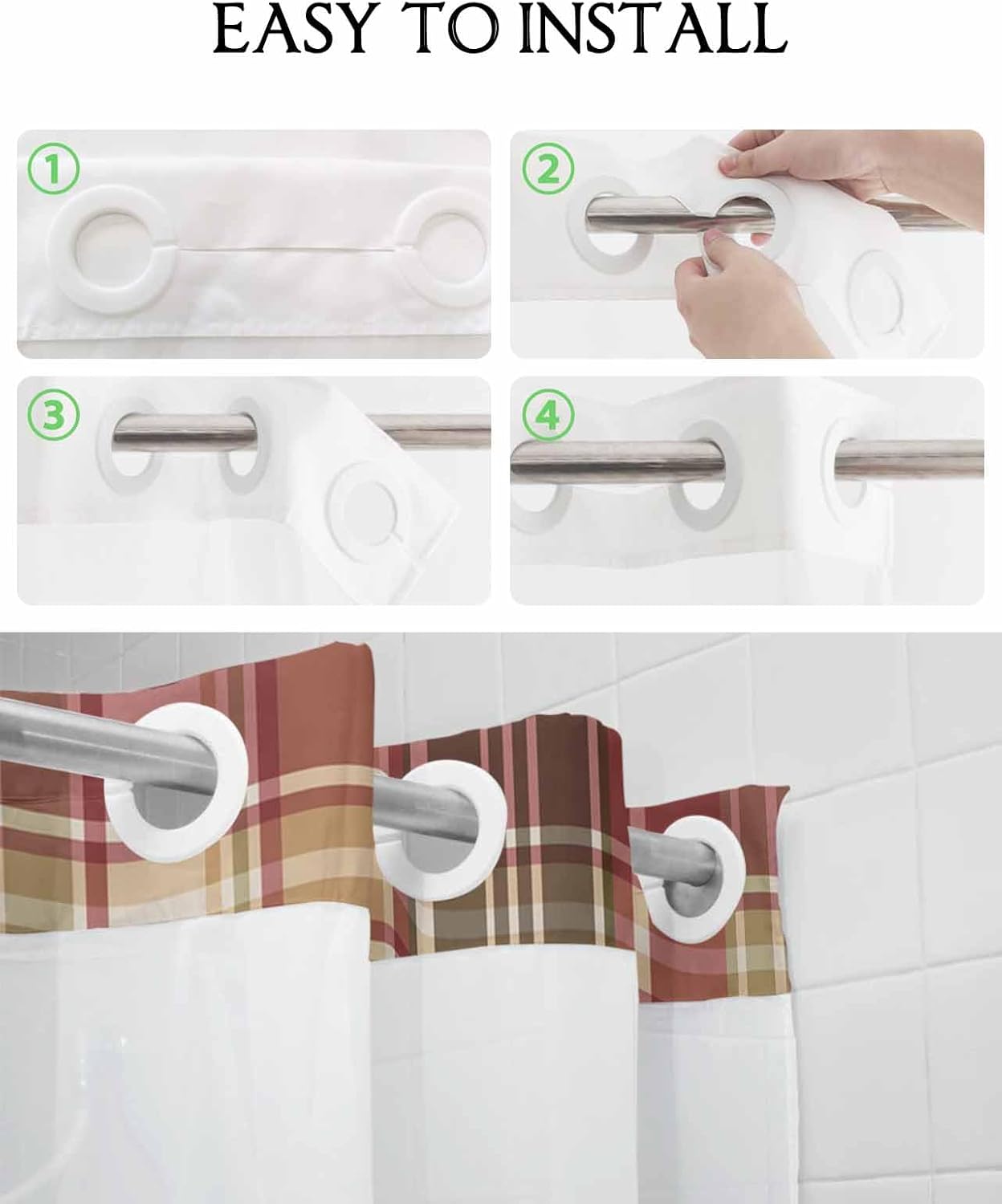 TocaHome Green Red Stripe Shower Curtain Set with Snappable Liner