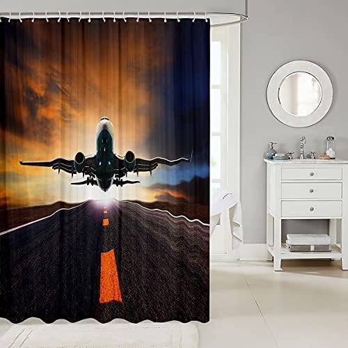 3D Airplane Shower Curtain Set with Hooks for Boys Men