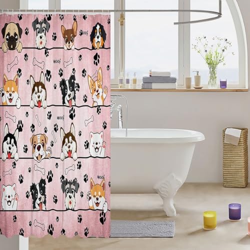 Cute Dog Shower Curtain with 12 Hooks Waterproof 3D-Printed