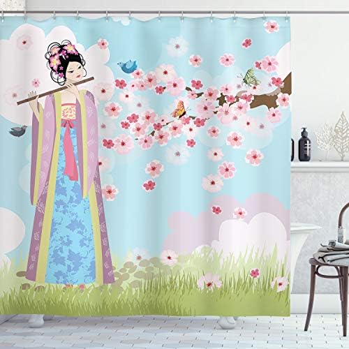 Oriental Music Shower Curtain Cherry Blossoms Butterflies Ambesonne