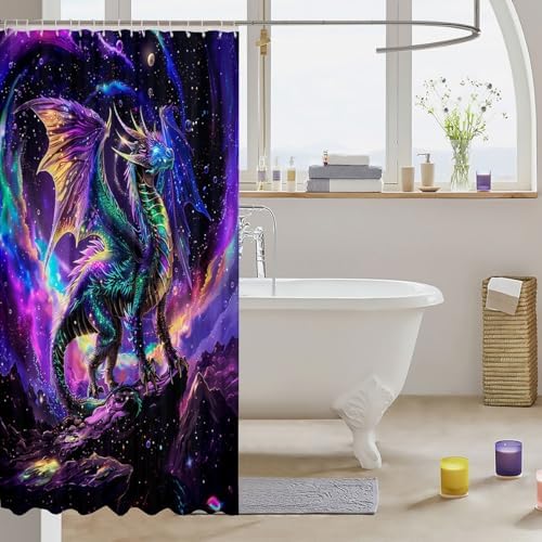 Neon Dragon Kid Shower Curtain Set Starry Sky Galaxy Planet Universe Dreamy Waterproof