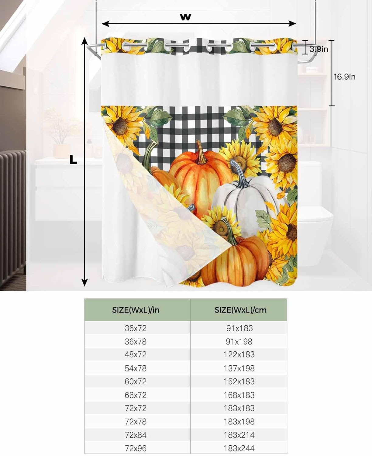 No Hook Cloth Fabric Shower Curtain with Snap-in Liner Set