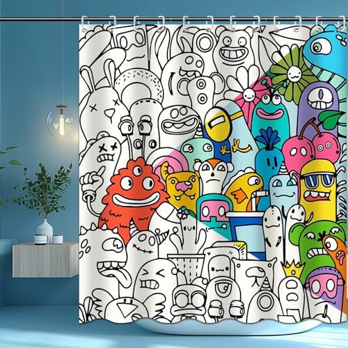 Kids Shower Curtain for Bathroom Fun Abstract Cartoon Red Little Monster 72x72