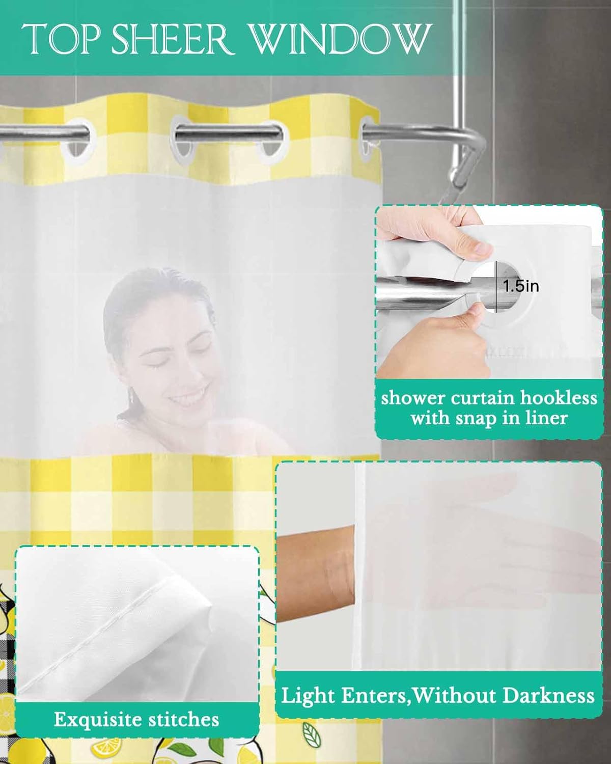TocaHome No Hook Yellow Buffalo Check Shower Curtain Set
