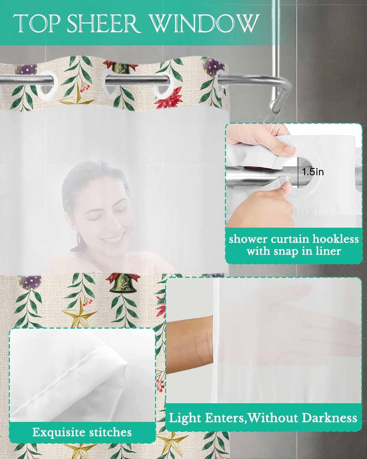 holiday home winter bathroom shower curtain set with see through top 72x72