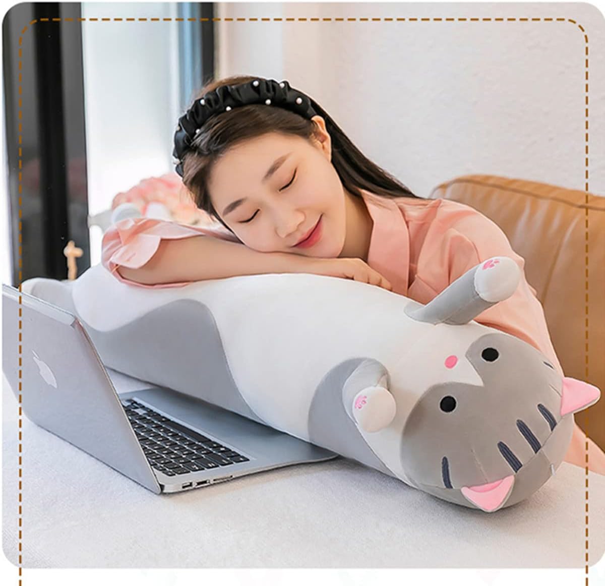 Long Gray Cat Plush Pillow for Sleep Cuddle and Relaxation