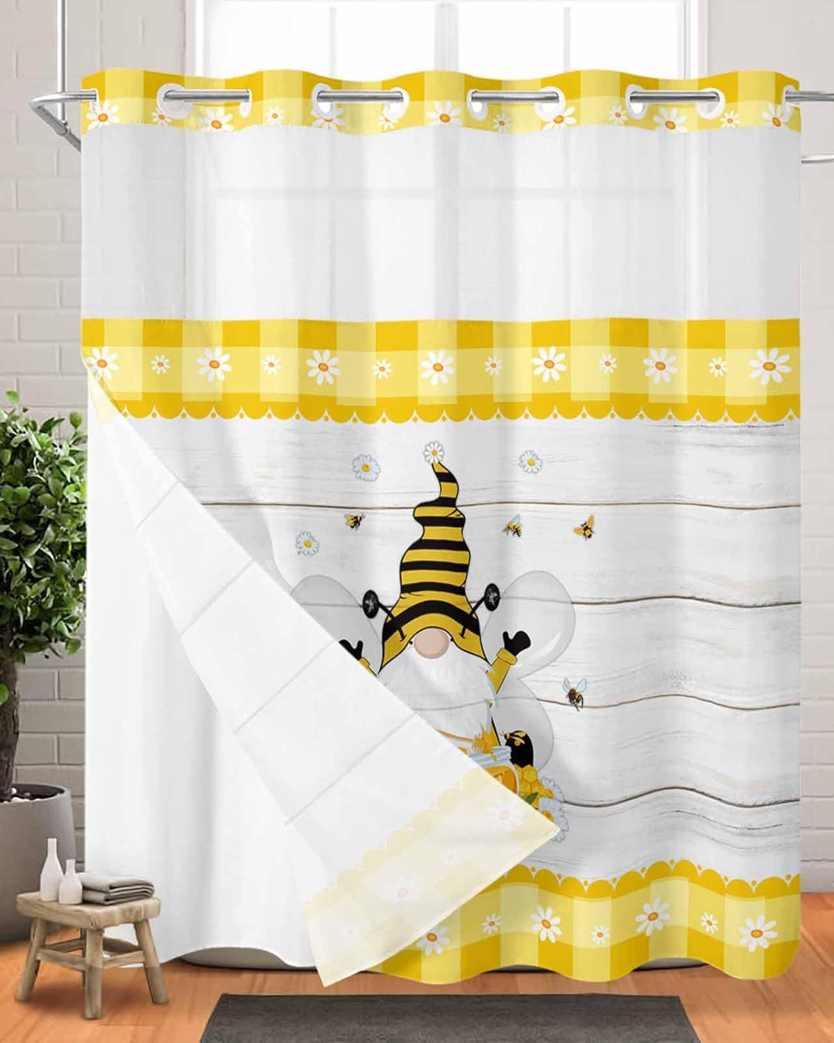 TocaHome Bee Gnomes Daisy Shower Curtain Set with Snap Liner