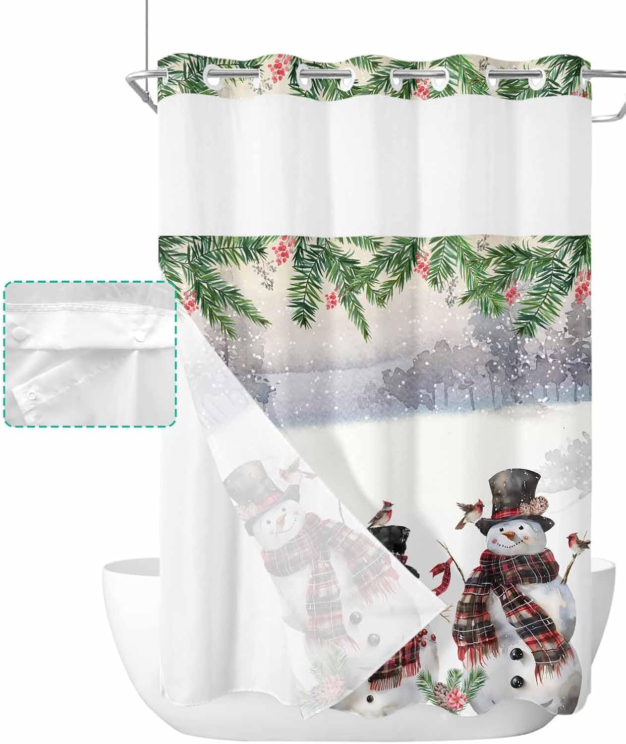 Winter Xmas Berry Birds Snowman Bath Curtain Set