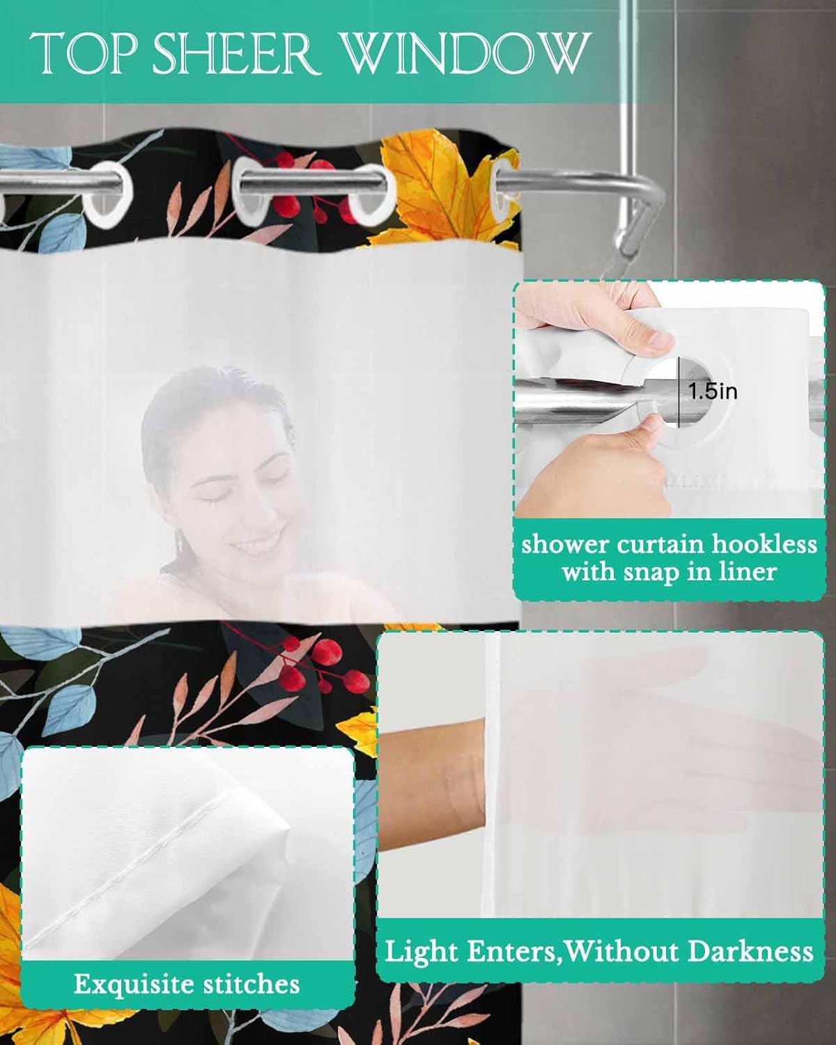 No Hook Virus-Resistant Bath Curtain 60x72 with See Through Top Window