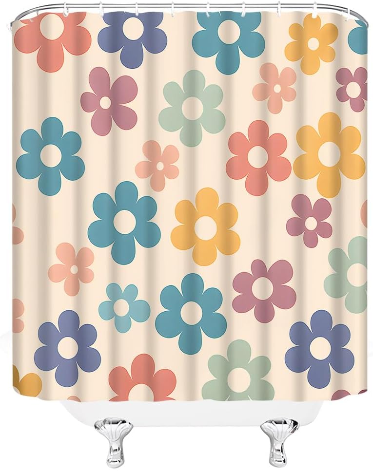 Retro Bathroom Shower Curtain Boho Pastel Floral Design