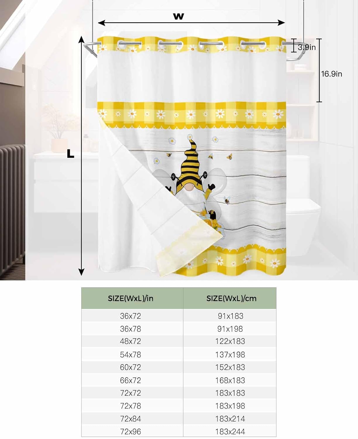 TocaHome Bee Gnomes Daisy Shower Curtain Set with Snap Liner