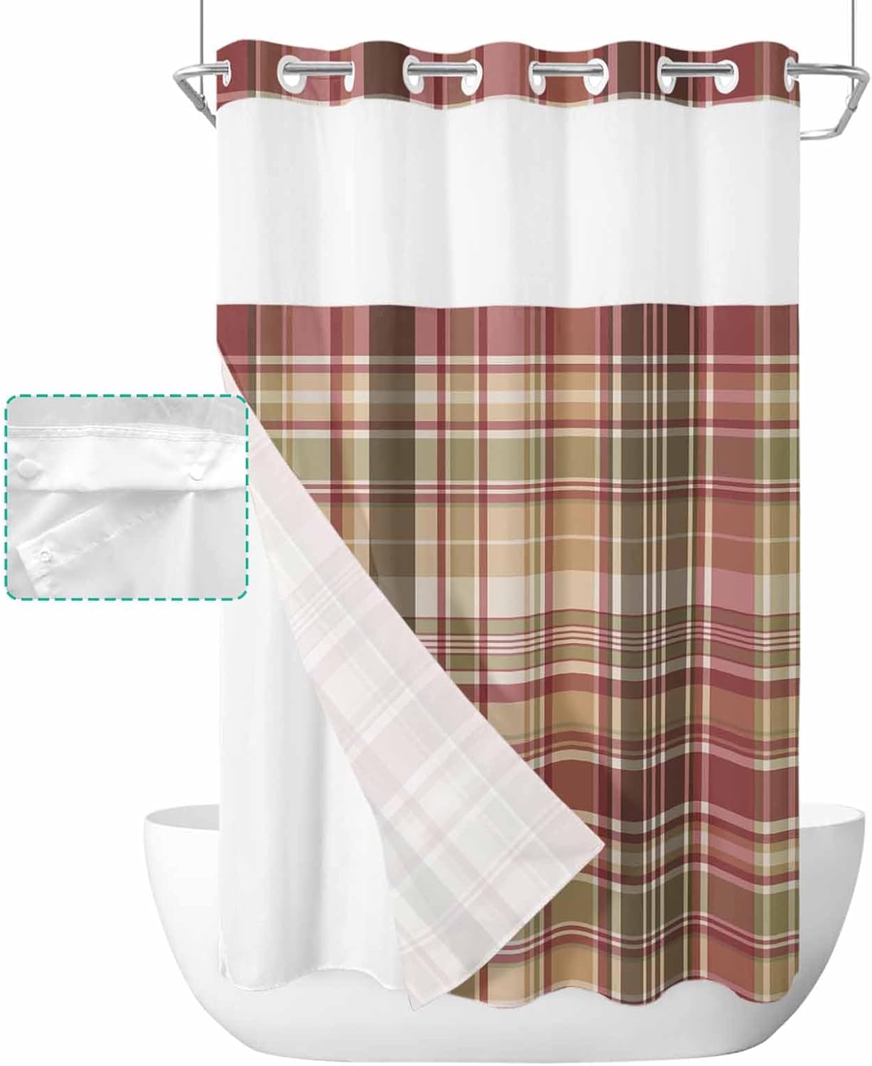 TocaHome Green Red Stripe Shower Curtain Set with Snappable Liner