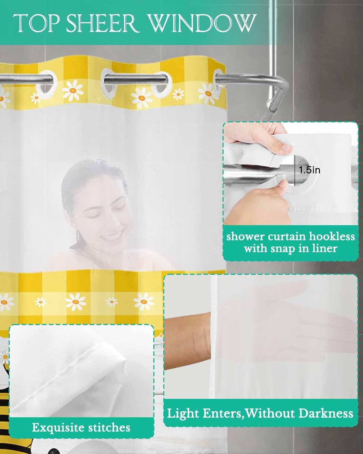 TocaHome Bee Gnomes Daisy Shower Curtain Set with Snap Liner