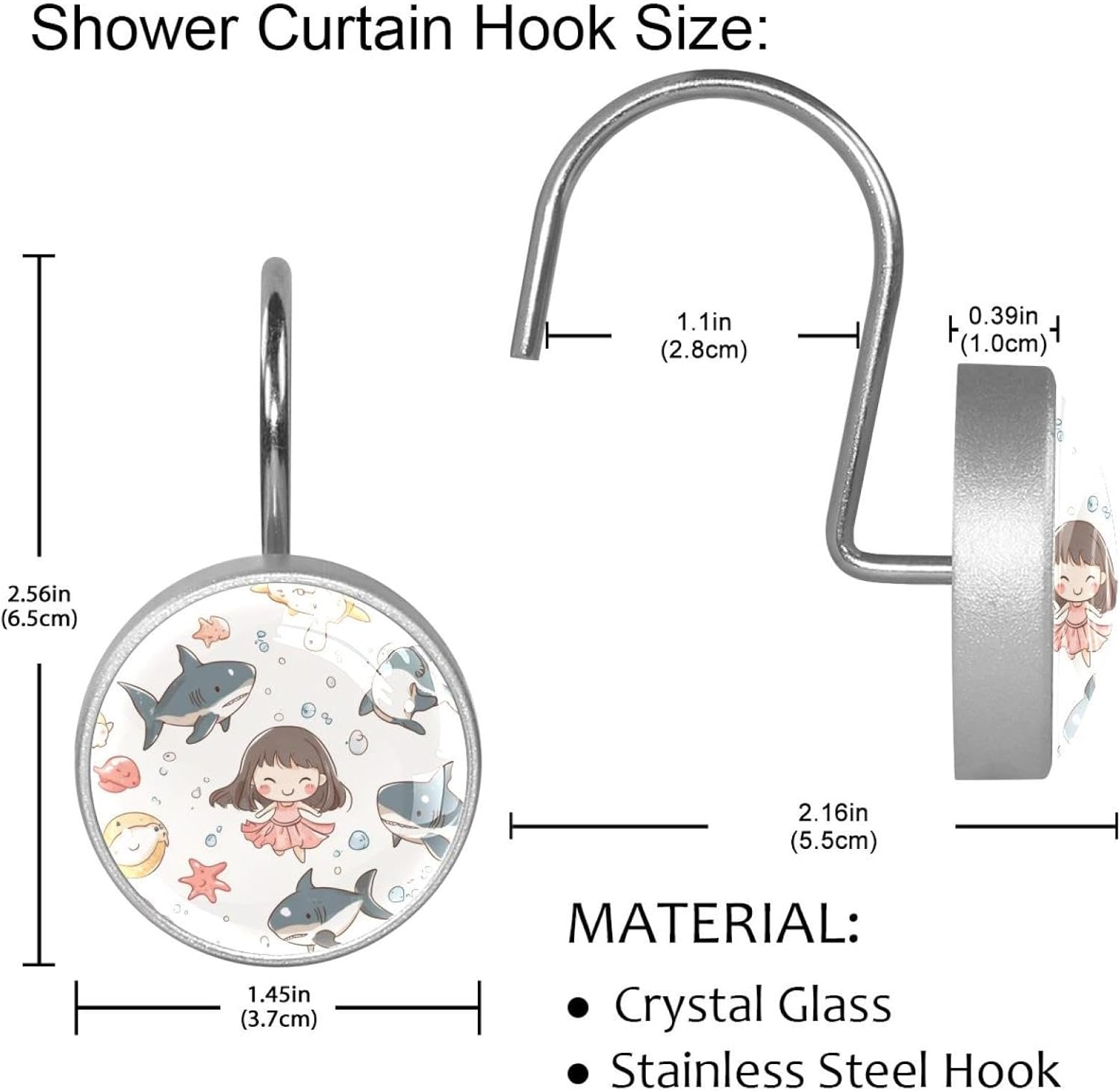 Cartoon Shark Starfish Print Washable 10-Piece Polygonal Planes Shower Curtain 66x72 in