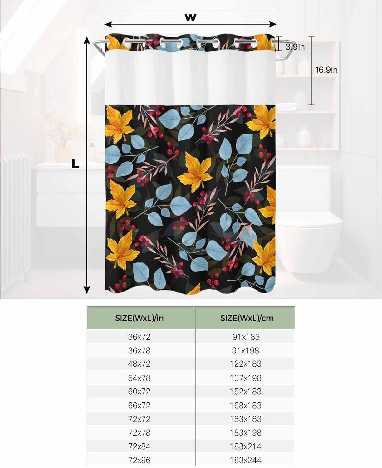 No Hook Virus-Resistant Bath Curtain 60x72 with See Through Top Window
