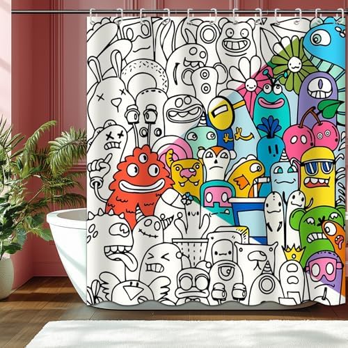 Kids Shower Curtain for Bathroom Fun Abstract Cartoon Red Little Monster 72x72