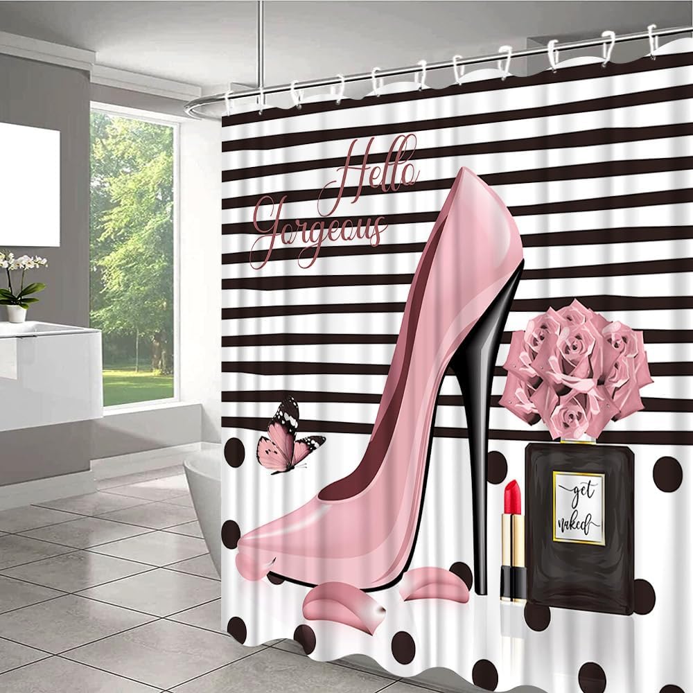 Fashion Girls Pink 70x70 Heart Love Shower Curtain Set with 12 Hooks