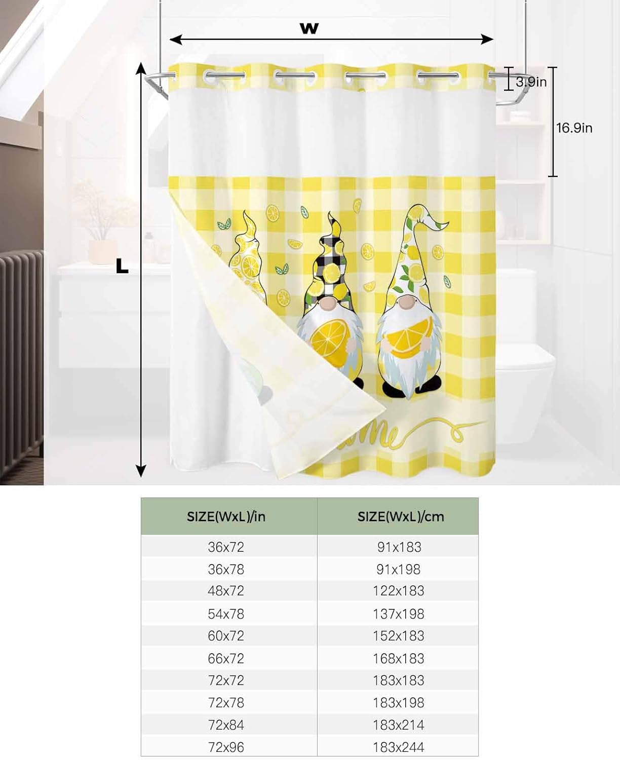 TocaHome No Hook Yellow Buffalo Check Shower Curtain Set