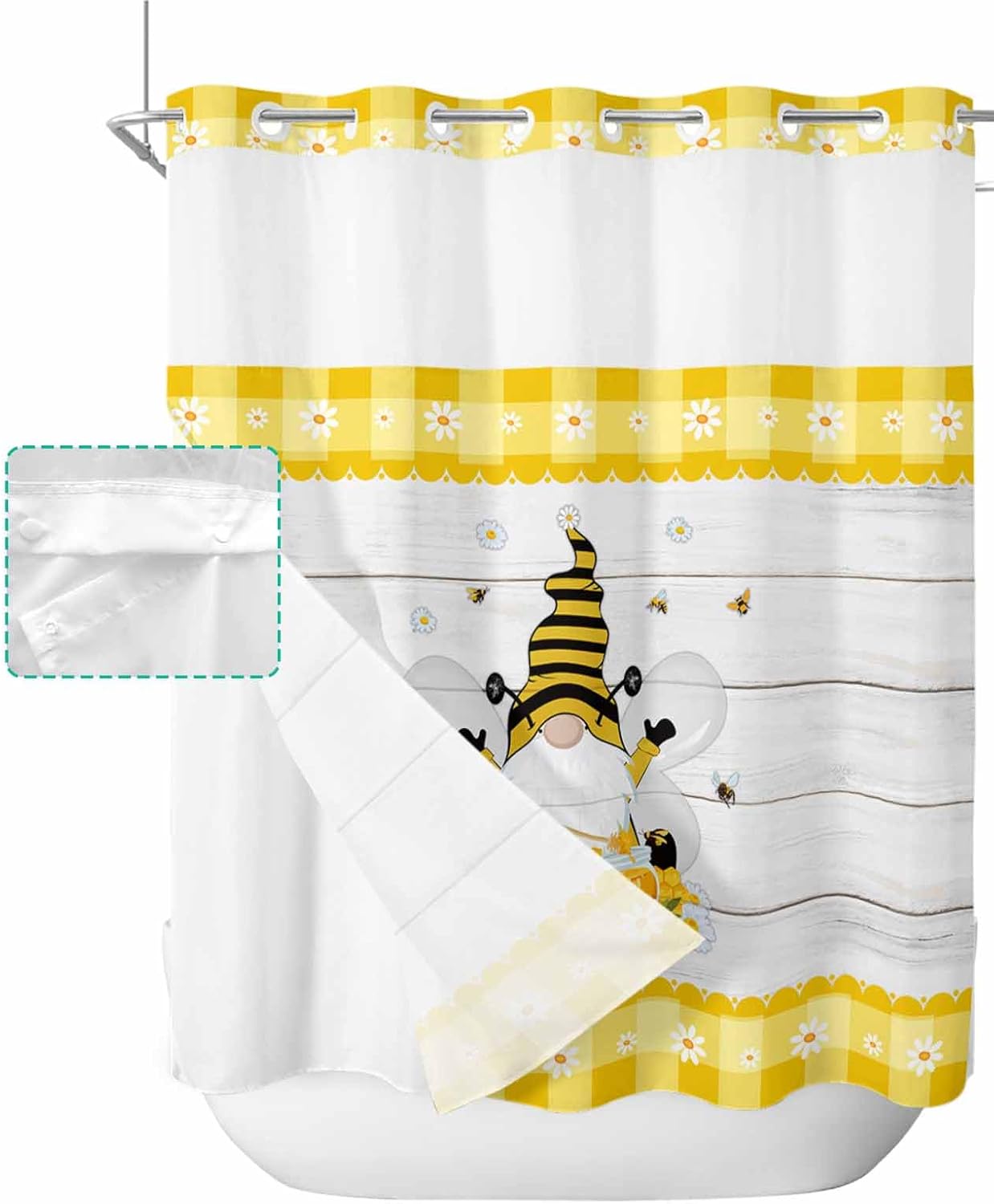 TocaHome Bee Gnomes Daisy Shower Curtain Set with Snap Liner