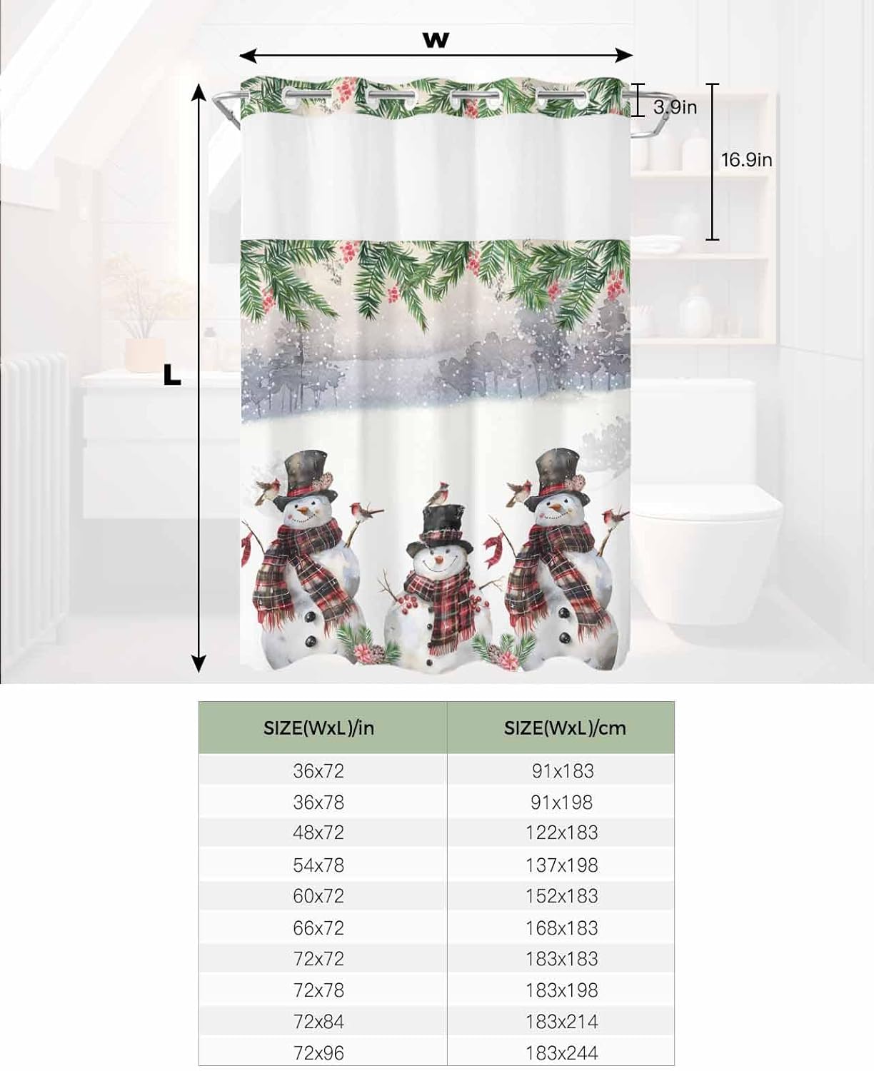 Winter Xmas Berry Birds Snowman Bath Curtain Set