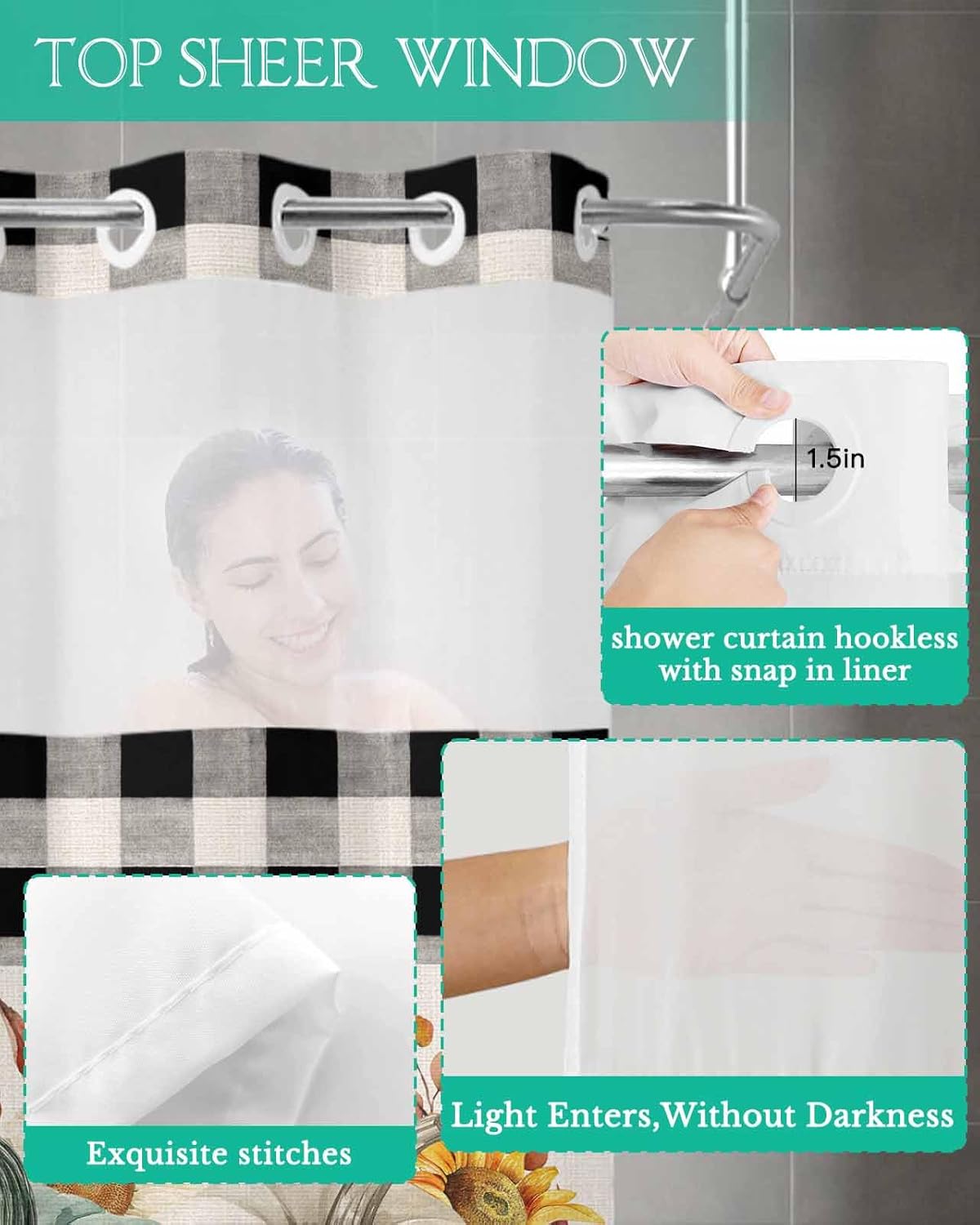 No Hook Cloth Fabric Shower Curtain Set