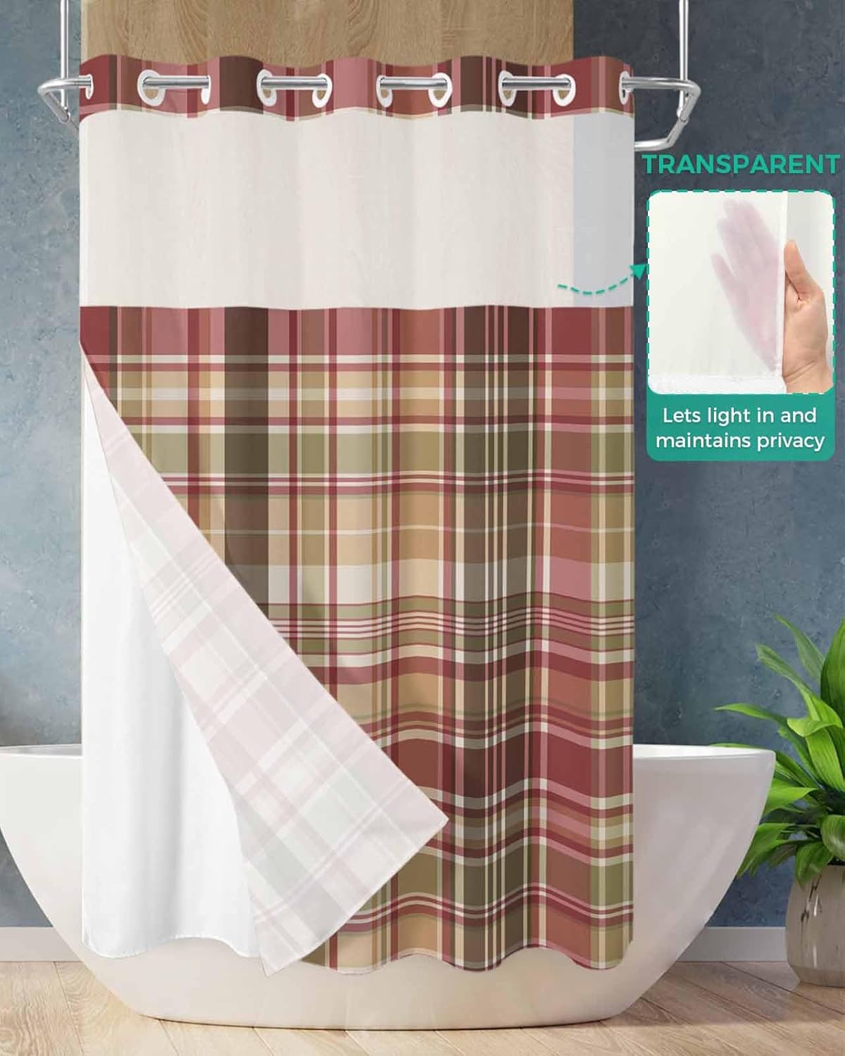 TocaHome Green Red Stripe Shower Curtain Set with Snappable Liner