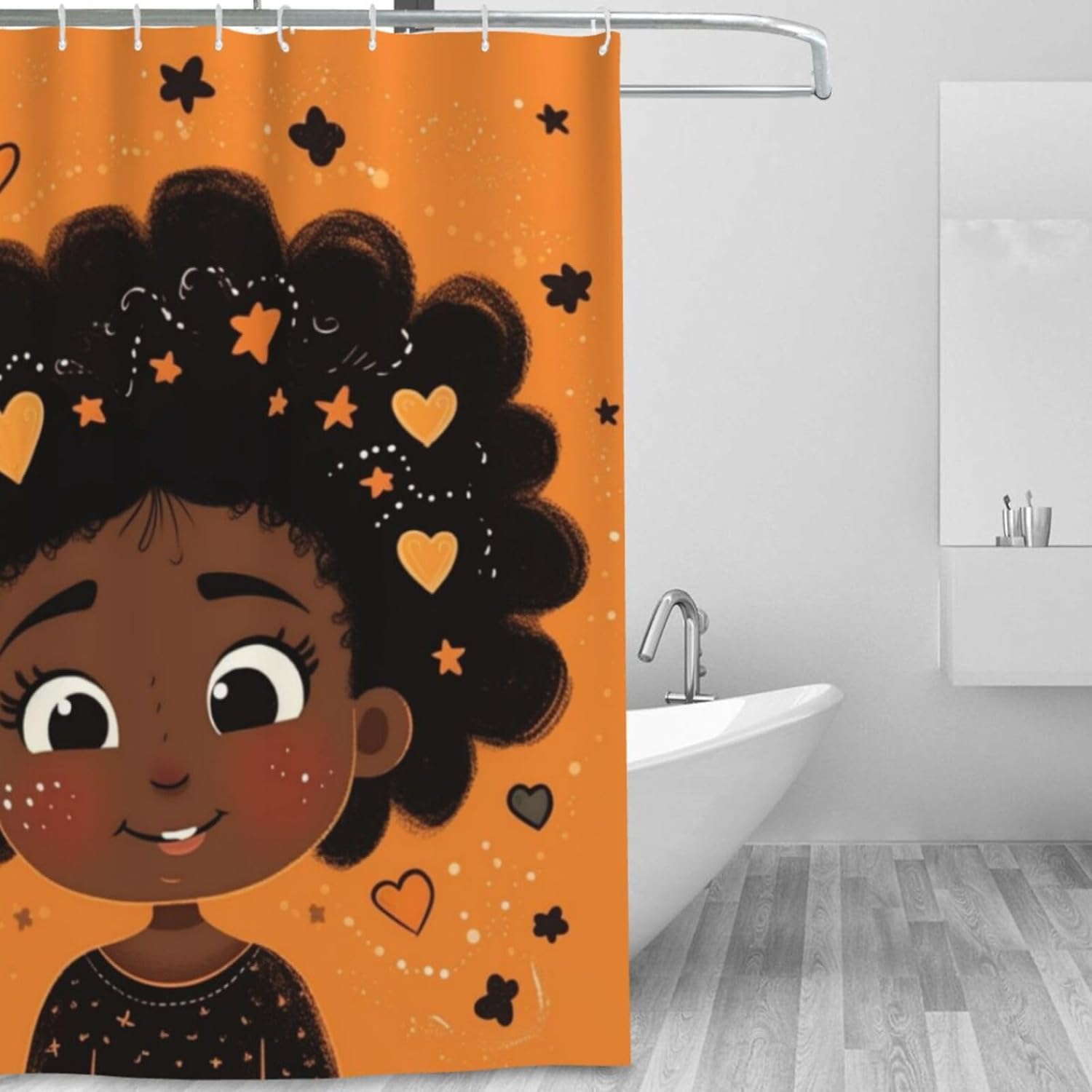 Smile Black Girl Bathroom Shower Curtain Set with Star Heart Design
