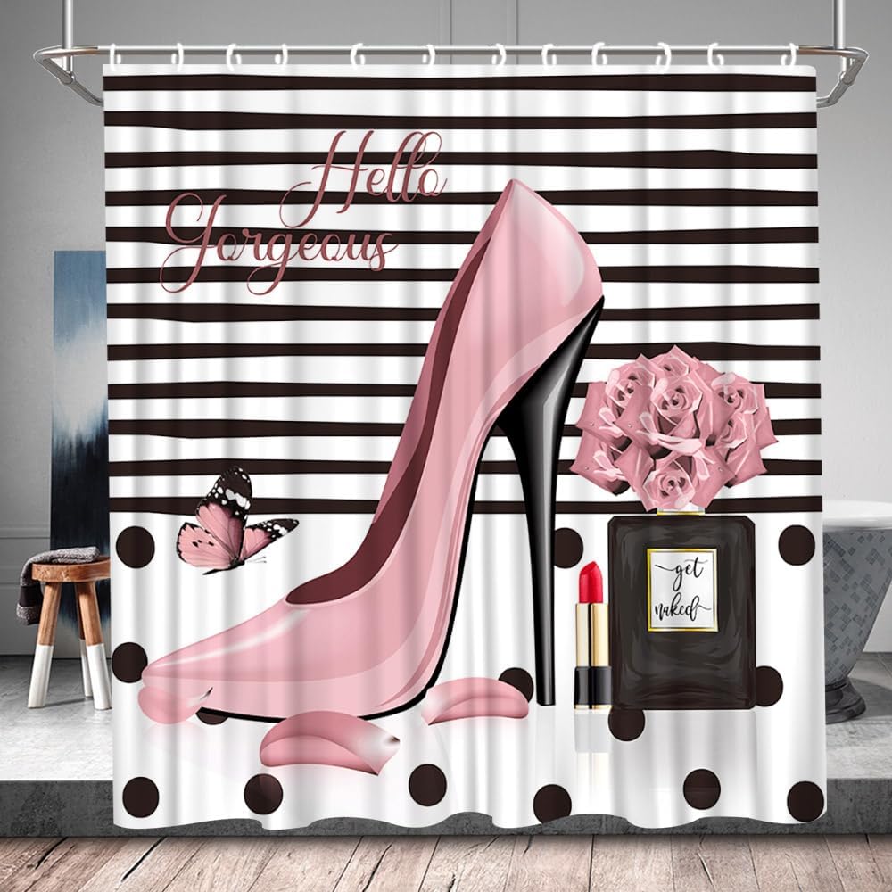 Fashion Girls Pink 70x70 Heart Love Shower Curtain Set with 12 Hooks