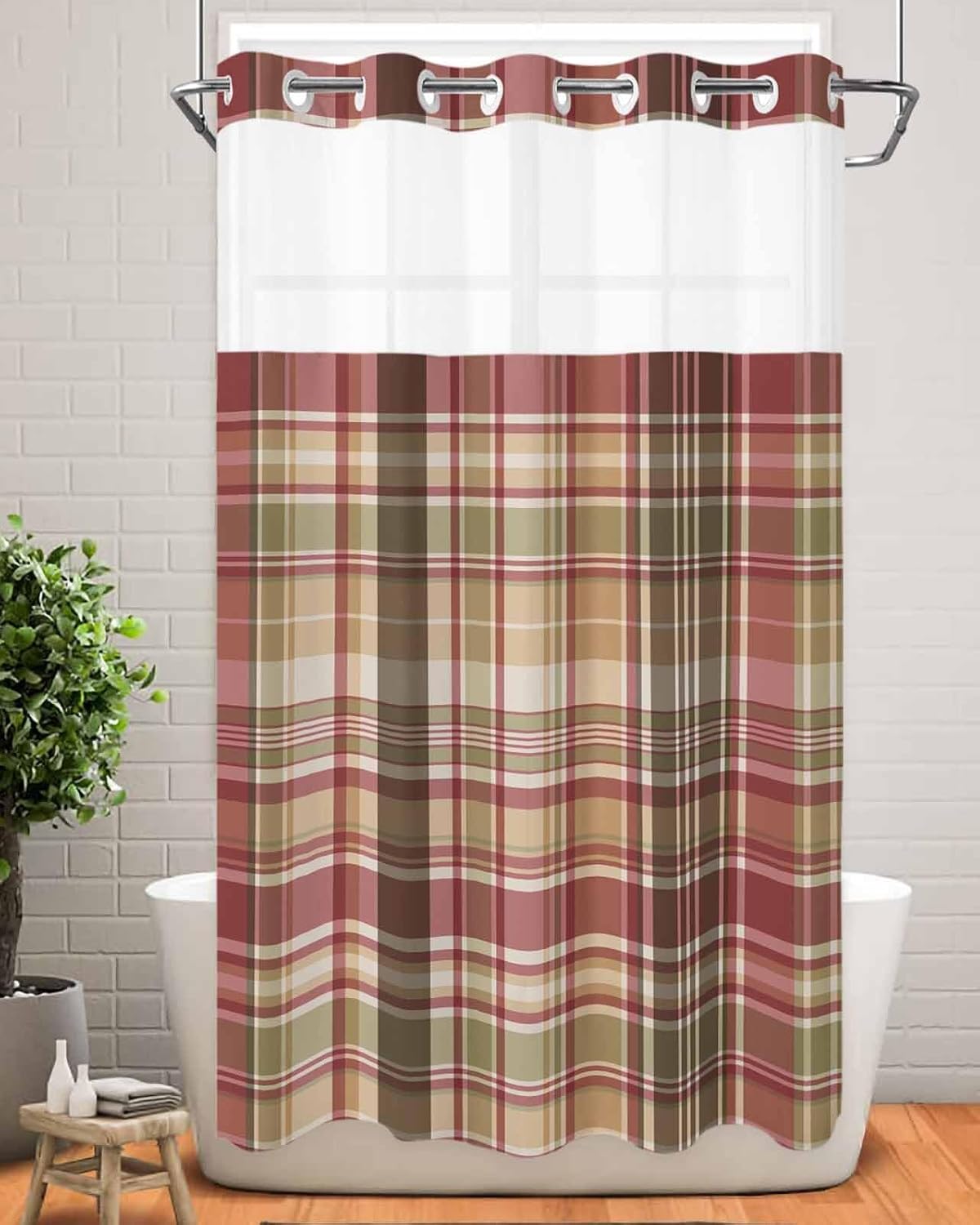 TocaHome Green Red Stripe Shower Curtain Set with Snappable Liner