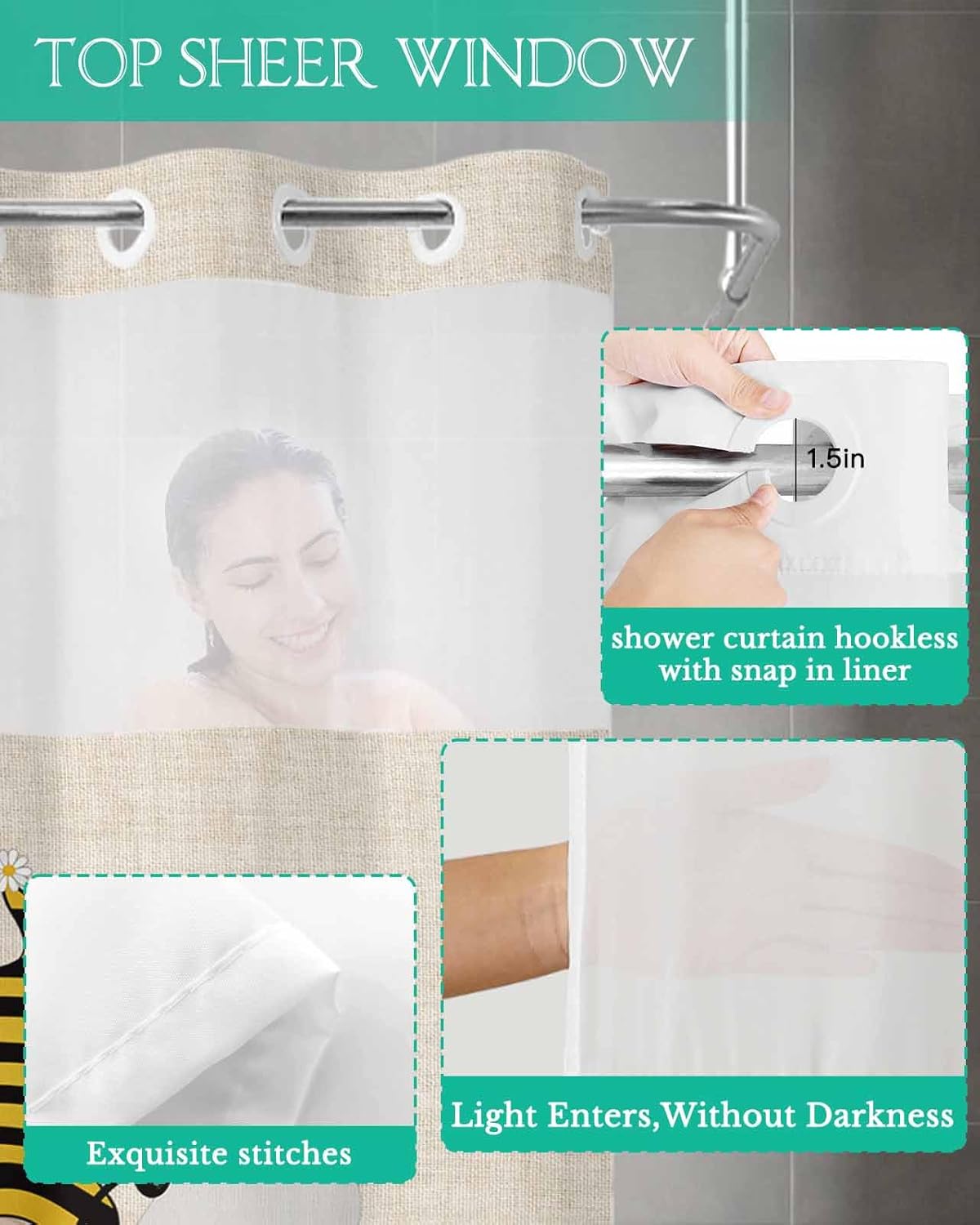 TocaHome No Hook Cloth Shower Curtain with Snap Liner Set
