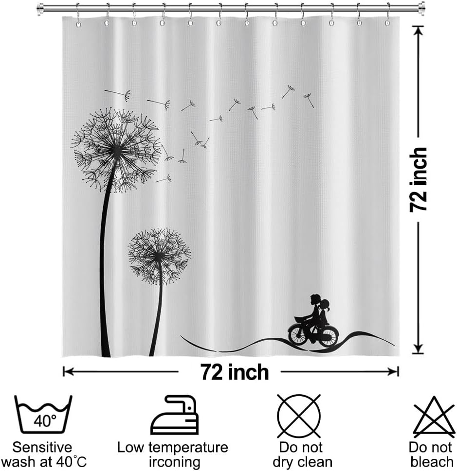 White Boho Shower Curtain Black Dandelions Waffle Shoot Curtains 72x72inches