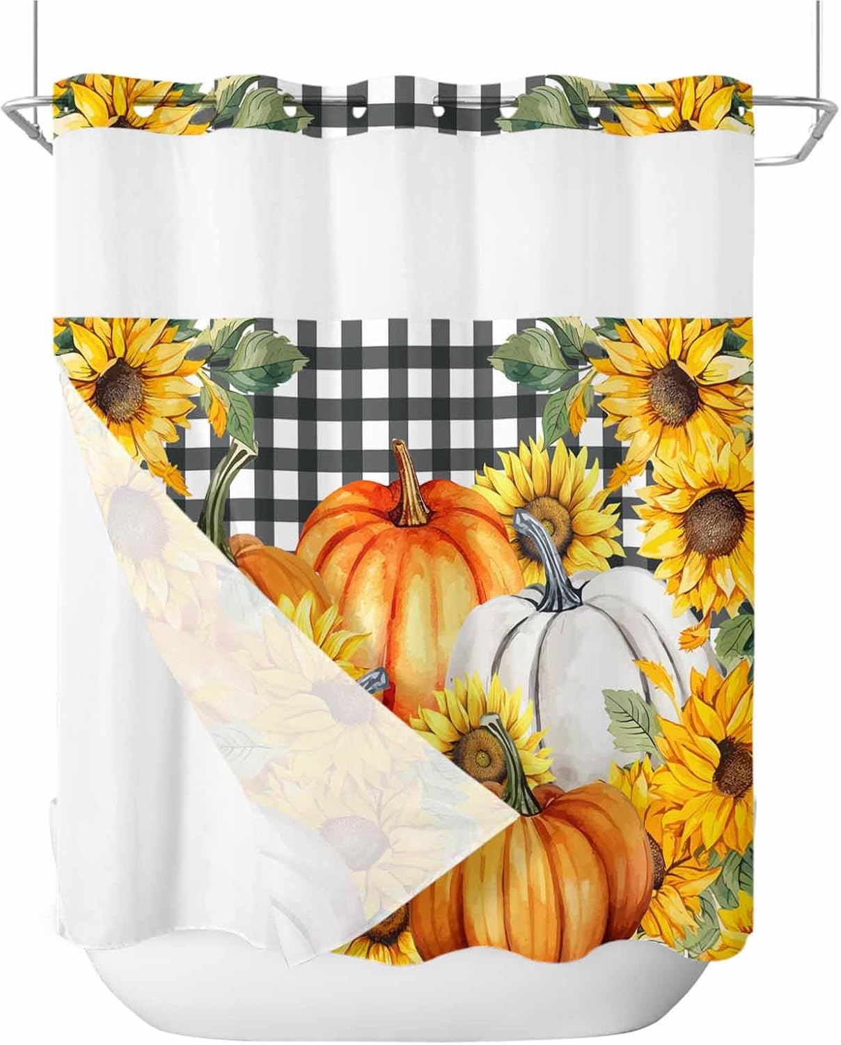 No Hook Cloth Fabric Shower Curtain with Snap-in Liner Set