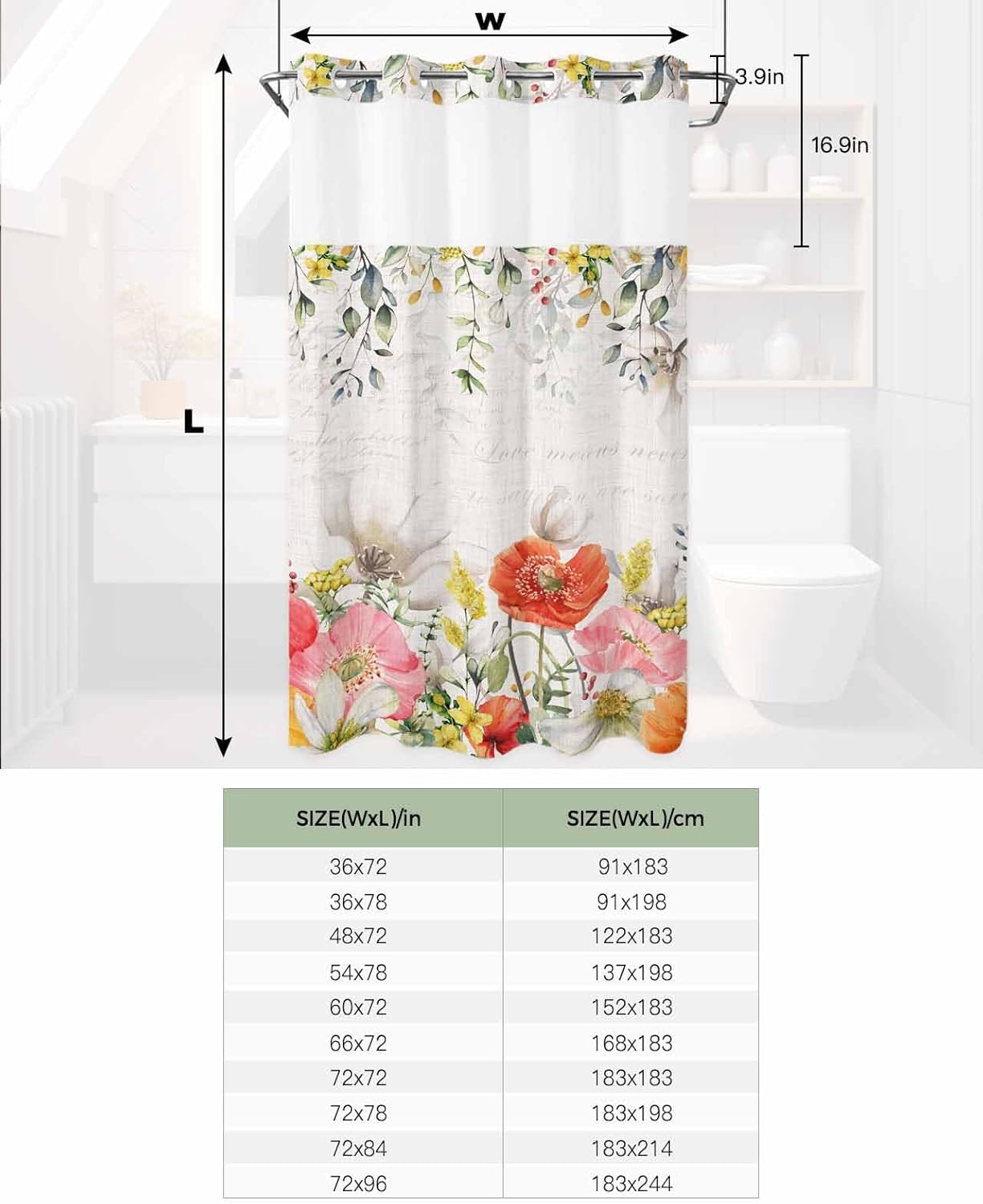 TocaHome No Hook Picks and Peaks See Through Window Waterproof Shower Curtain Set