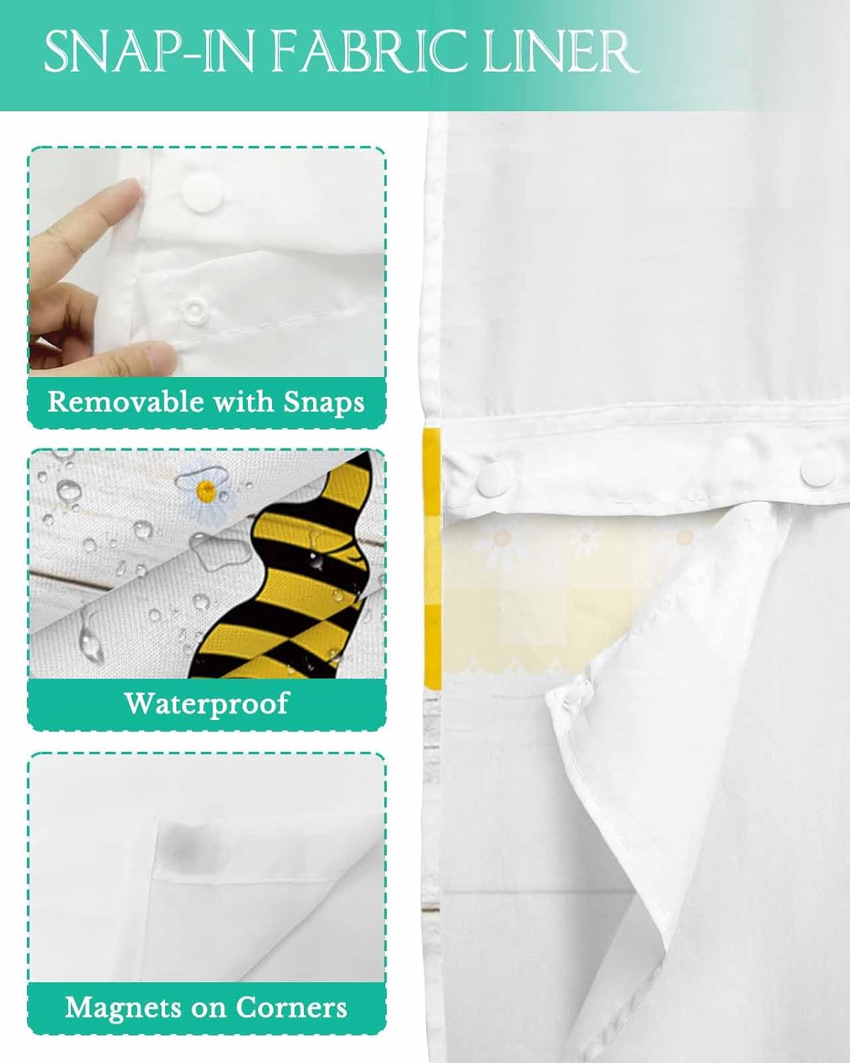 TocaHome Bee Gnomes Daisy Shower Curtain Set with Snap Liner