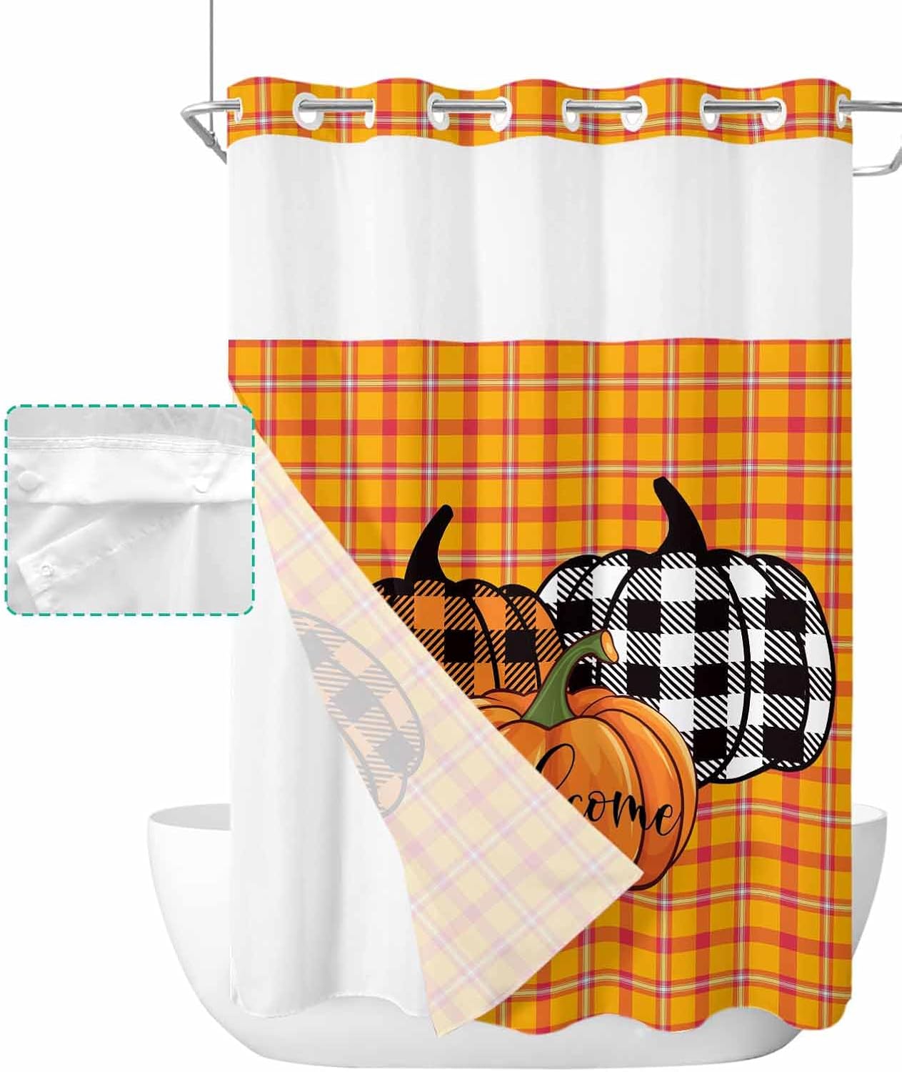 fall pumpkin no hook bath shower curtain set - soft 48x72 botanical design
