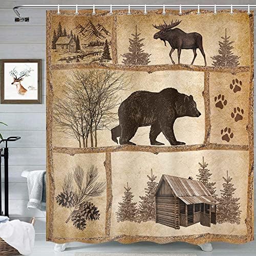 Rustic Cabin shower curtain set Bear Moose forest design waterproof 36x72 inch