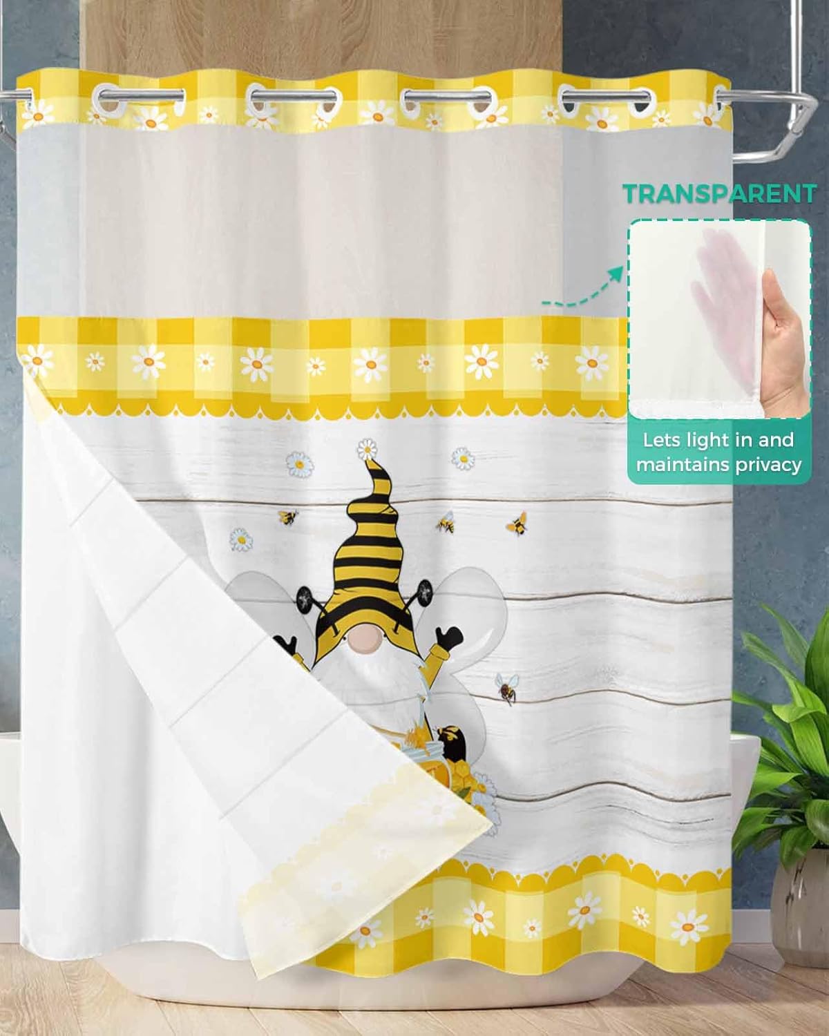 TocaHome Bee Gnomes Daisy Shower Curtain Set with Snap Liner