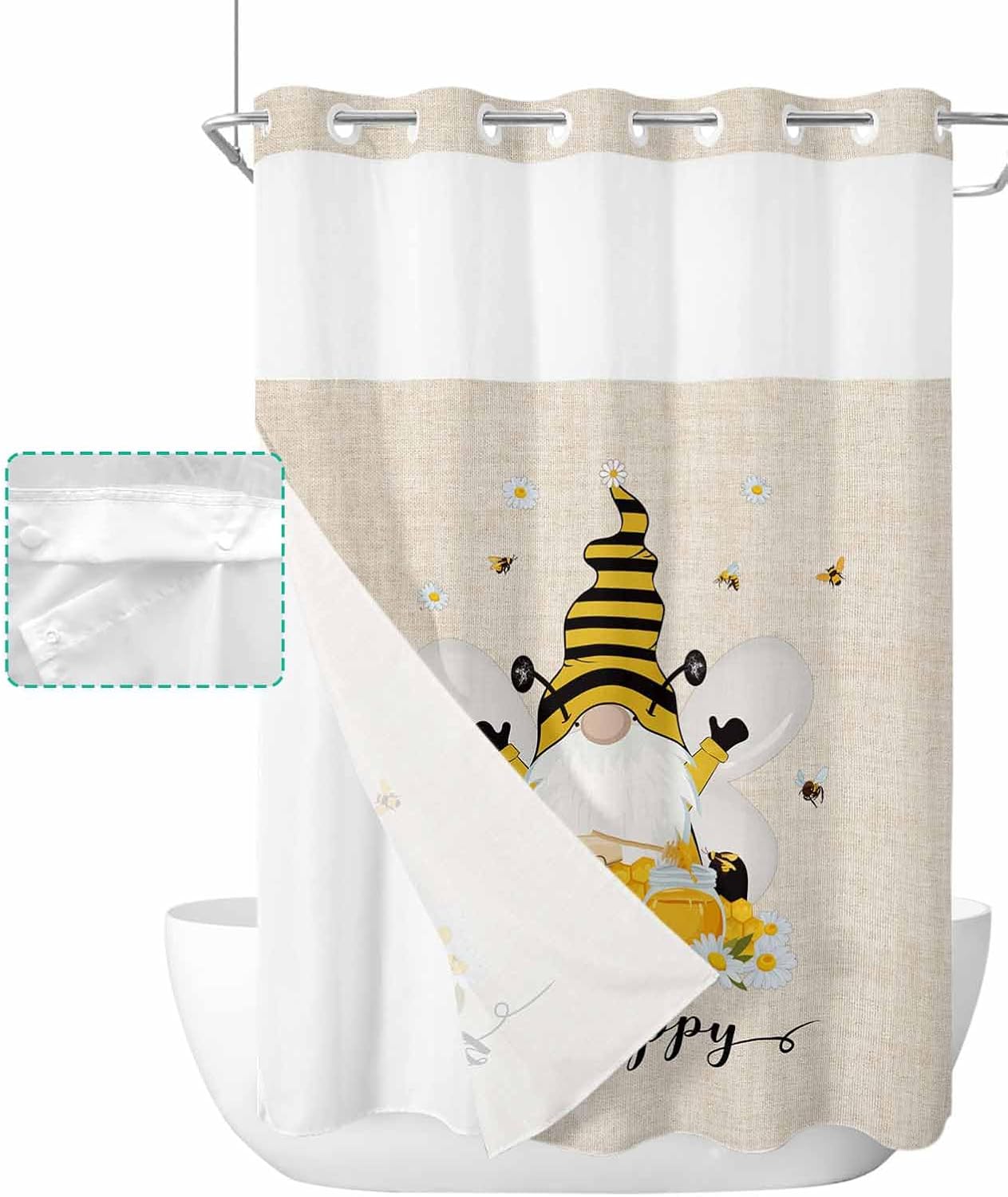 TocaHome No Hook Cloth Shower Curtain with Snap Liner Set