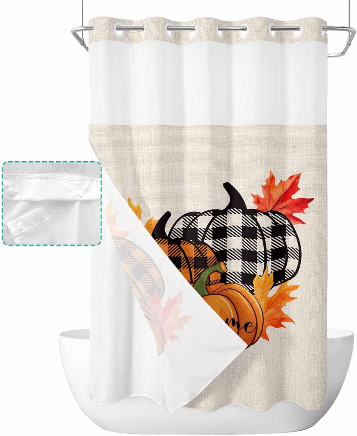 No Hook Fall Autumn Shower Curtains with Pumpkins and Maple Leaves