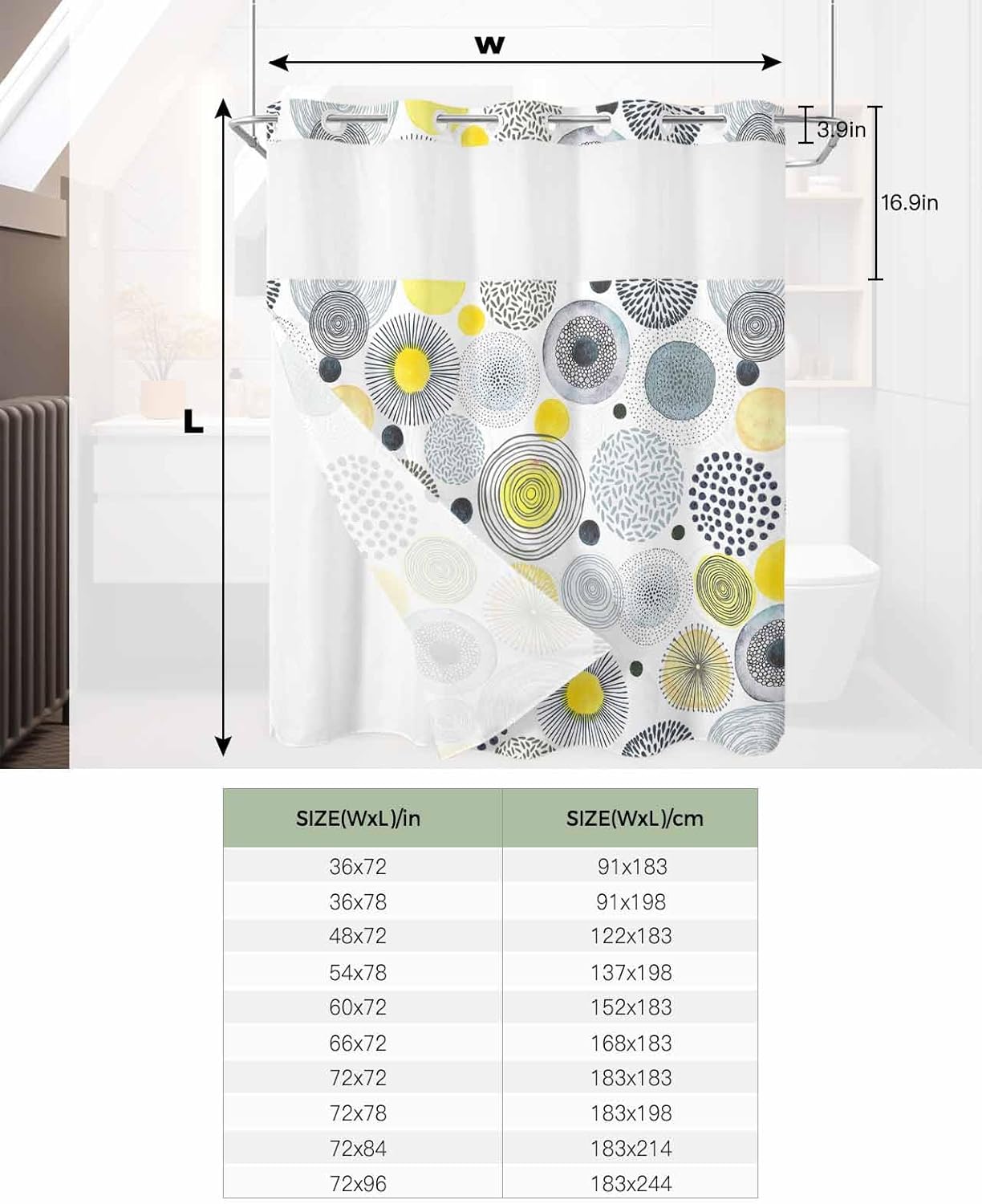 No Hook Waterproof Shower Curtain with Snap-In Liner